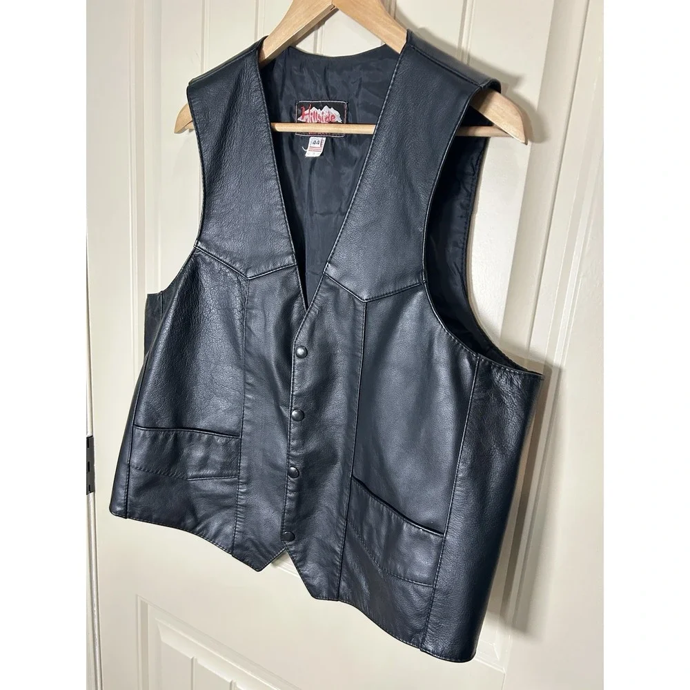 Hillside Leather Biker Vest Sz 44 Black Made In USA Motorcycle Cowboy Western